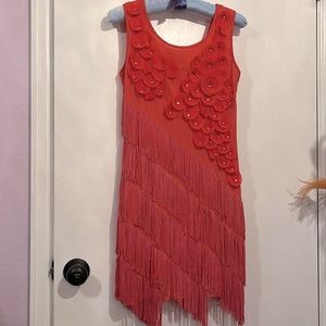 Coral Flapper Dress with tingle and floral detail, Size 4-6 1920’s